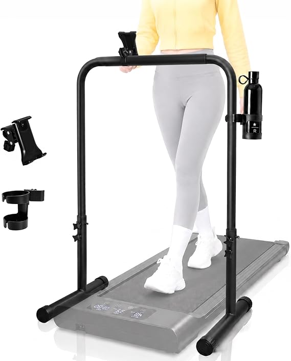 25.5Inch Walking Pad Handle Bar Attachment Only with Cup and Phone Holder Stainless Steel Adjustable Treadmill Handrails,Increase Height from 30.7 to 39.37Inch,Comfortable Grip