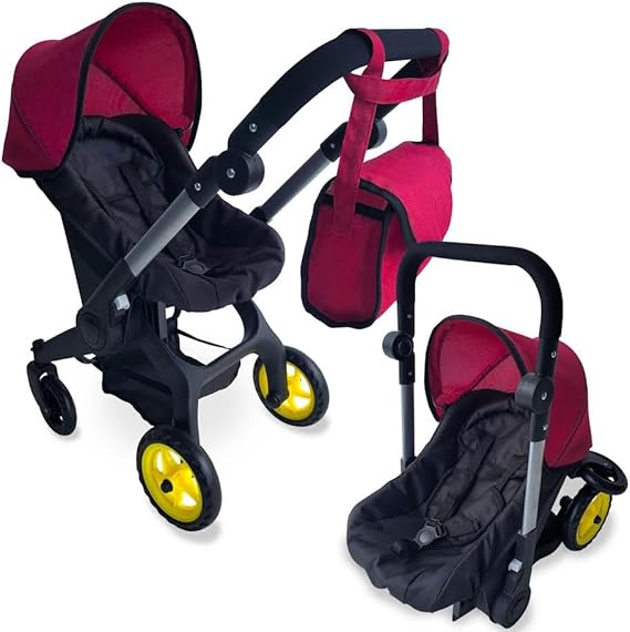 Baby Doll Car Seat Stroller Combo Convertible 2 in 1 Doll Stroller and Car Seat for Kids Fits Up to 20 Dolls Play Toy Baby Stroller with Adjustable Handle for Girls Toddlers All Ages (Maroon)