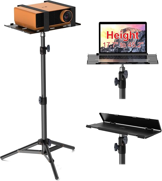 Projector Stand Tripod, Portable Height Adjustable Laptop Stand | Portable projector stand with 22lb capacity, adjustable height, foldable tray and stable steel frame for projectors & laptops
