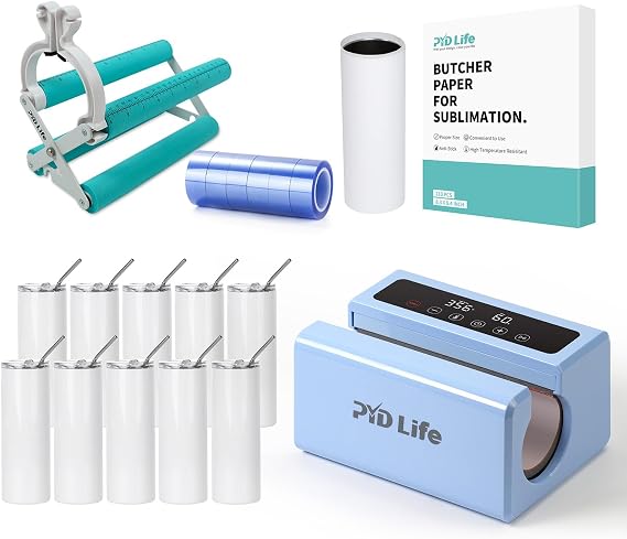 PYD Life Auto Tumbler Heat Press Sublimation Starter Benginers Kit Bundle with 20 OZ Sublimation Tumblers,Sublimation Tape,Tumbler Cradle with Clamp,and Butcher Paper