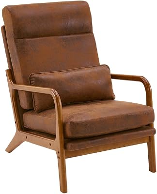 i-POOK Upholstered Living Room Chairs, Reading Armchair with High Back, Inclined Wood Legs and Lumbar Pillow, Wooden Accent Chair for Bedroom, Lounge, Brown
