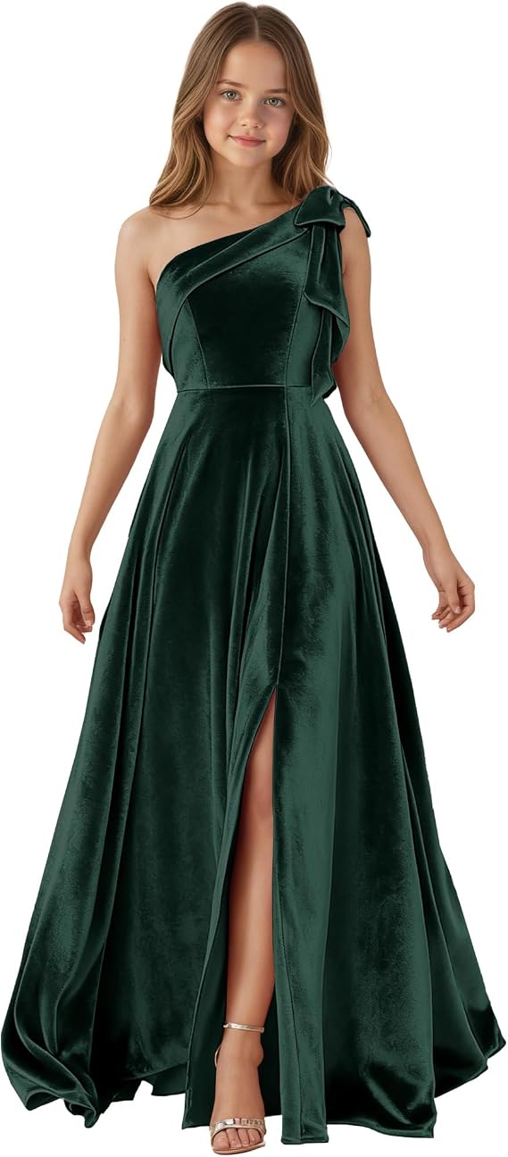 One Shoulder Junior Bridesmaid Dresses for Teen Girls Bow Velvet Flower Girl Dress Long Girls Formal Dress Slit