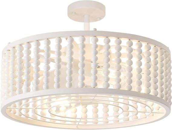 Ceiling Fans with Lights and Remote - Bulbs Included, Caged Fandelier with Handcrafted Beaded Decor 19 inches Reversible Flat and Angled Ceiling Installation, White