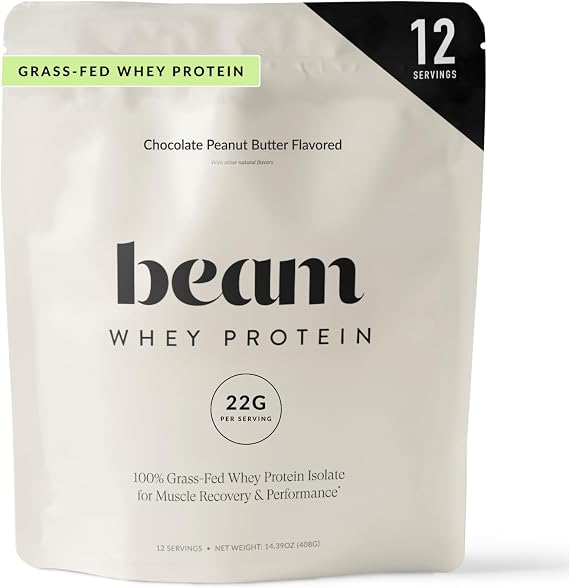 BEAM Grass Fed Whey Protein Powder Chocolate Peanut Butter, 12 Servings, 22g Protein Per Serving, Clean Whey Isolate & Concentrate, Low Carb, Paleo Friendly, GMO Free, Gluten Free, 3rd Party Tested