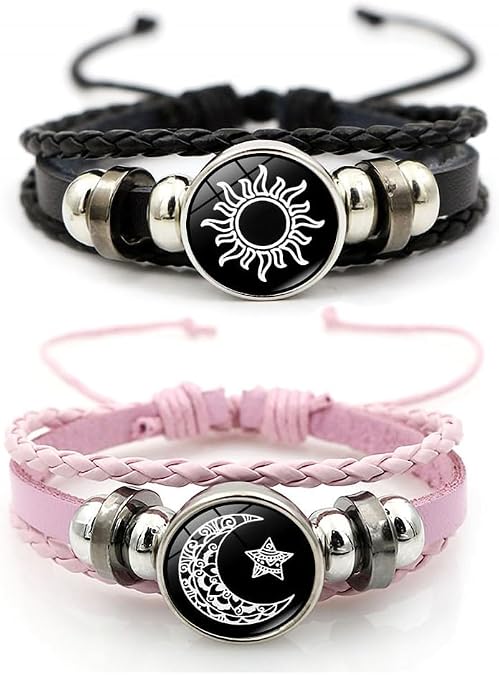 2PCS Luminous Sun And Moon Couples Friendship Matching Love Bracelets Leather Y2k Spirilet Glow In The Dark Adjustable Bracelets Love Gift for Him & Her