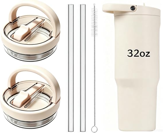 2Pack Lid Replacement Compatible with HydroJug Sport 32oz Tumbler, Leak Proof Top Cap Replacement for HydroJug Water Bottles with Straw Replacement and Cleaner Brush (White, For Sport 32oz)