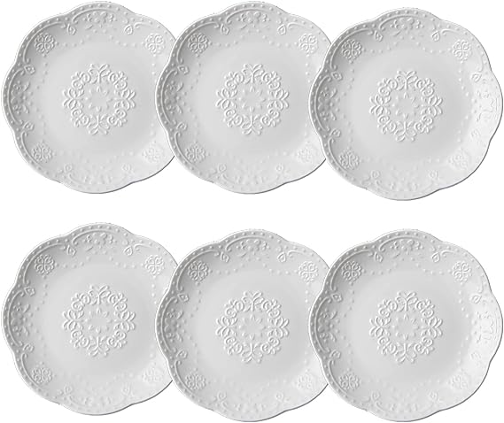 6 inch Embossed Ceramic Dessert Plates, Set of 6 White Dinner Plates for Appetizers, Salad, Cake, Bread, Snacks, Serving Dishes for Home, Party, and Restaurant Use