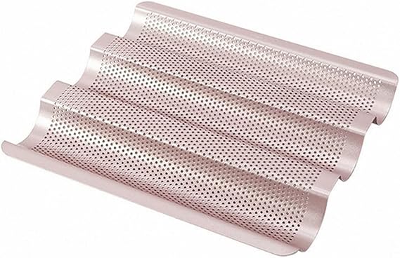 Perforated Baguette Pan, 11-Inch 3 Wave Loaves Non-Stick Ultra-Ventilate French Bread, Hot Dog Buns, Sourdough, Italian Bread Tray 2-Inch Channel for Oven Baking 10.6" x 9.5" - Champagne Gold