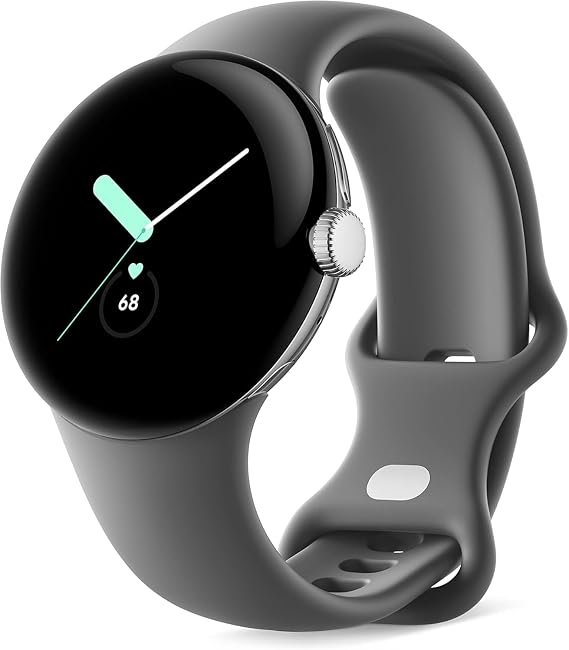 Google Pixel Watch, 41mm Polished Silver Case w/Charcoal Active Band, Android Smartwatch, Fitbit Activity, Fitness, Sleep, Heart Rate Tracking, LTE Support