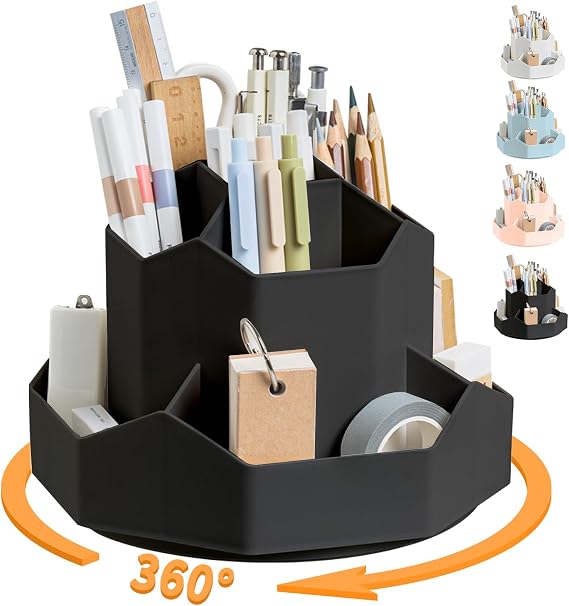 Cayxenful Pencil Pen Holder for Desk,9 Slots 360 Degree Rotating Desk Organizers,Desktop Storage Stationery Supplies Organizer, Cute Pencil Cup Pot For Office, School, Home(Black)