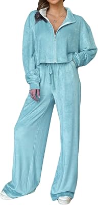 Awoscut Womens 2 Piece Sweatsuits Long Sleeve Lapel Zipper Tops and Wide Leg Pants Lounge Sets Fall Outfits Streetwear