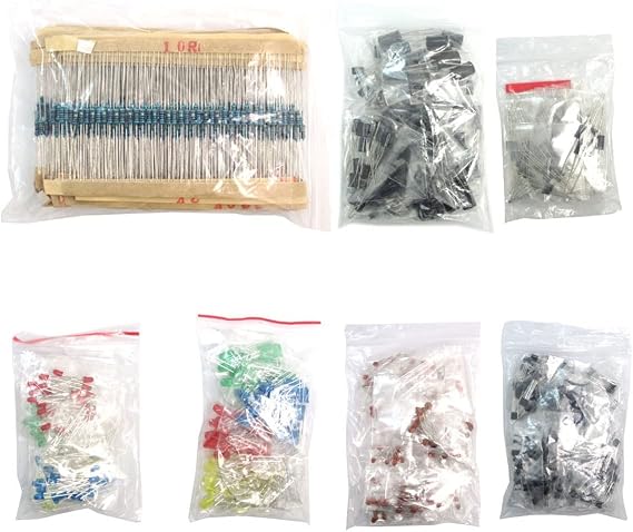 Electronic Components Package(Total 1390 PCS) - LED Diodes, 30 Values Resistors,Electrolytic Capacitor Package, Ceramic Capacitors, Common Diodes, Common Transistor