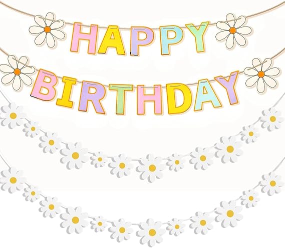Daisy Flower Happy Birthday Banner, Boho Party Decorations