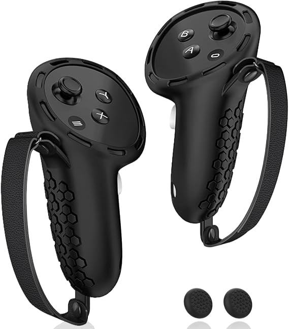 AMZDM Controller Grip for Meta Quest 3S Oculus Quest 3 VR Accessories Grips Cover for VR Touch Controllers Straps Silicone Covers Protector with Non-Slip Thumbstick Covers 1Pair Black