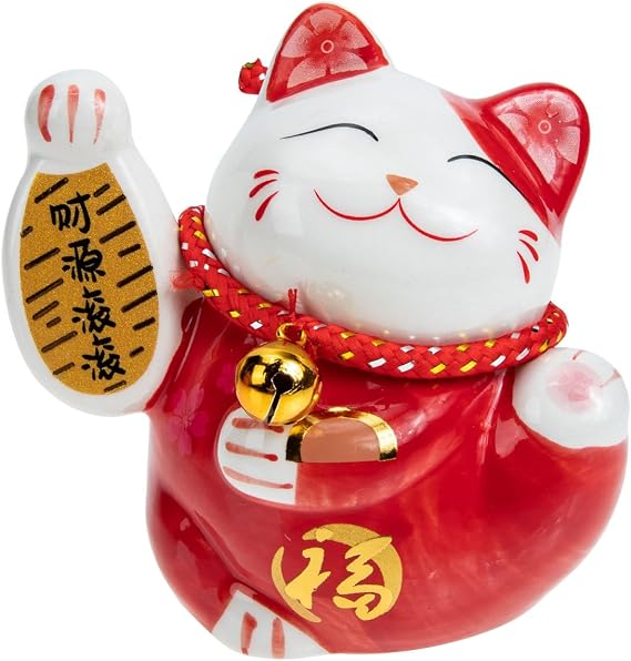 Tofficu Adorable Red Ceramic Lucky Cat Coin Bank - Feng Shui Decor, Cute Room Decor, Chinese Good Luck Cat for Home, Kids Piggy Bank, 4.33 X 4.13 X 2.75 Inches