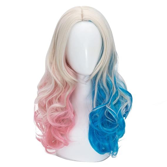 Curly Blonde Wig Cosplay for Women Long Middle Part Blue and Pink Wigs Costume Halloween