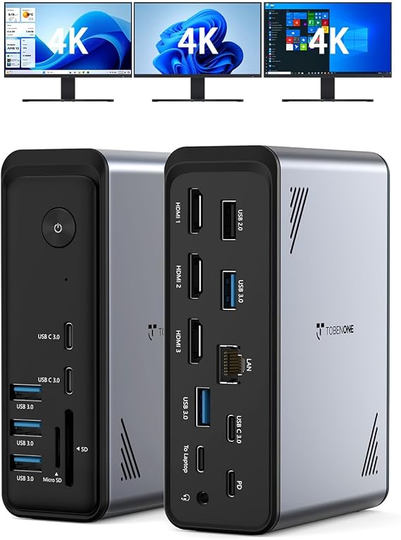 TobenONE 18 in 1 Laptop Docking Station 3 Monitors,Triple 4K HDMI,9 USB C/A