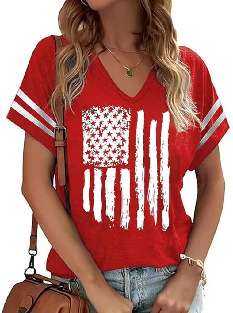 American Flag Shirts Women 4th of July V-Neck Short Sleeve Patriotic T-Shirt Memorial Day Graphic Tee Independence Day Tops