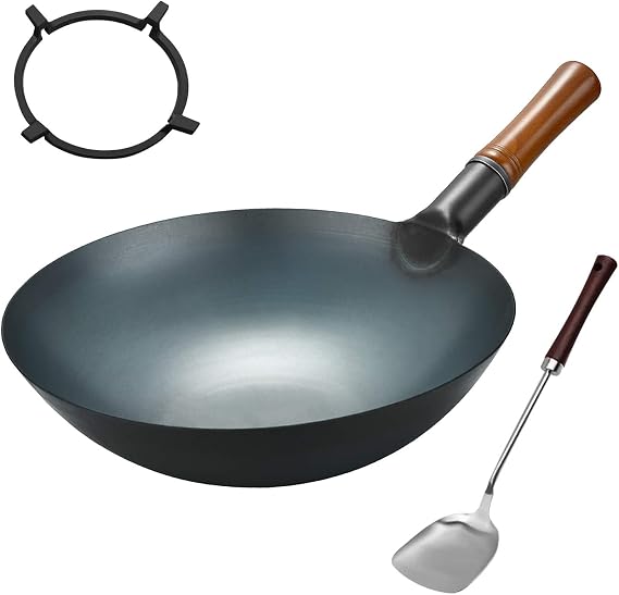 Pre-Seasoned Carbon Steel Wok Pan - 13.4 Woks and Stir Fry Pans - Chinese Wok with Round Bottom Wok - Traditional Woks - Black Steel Wok