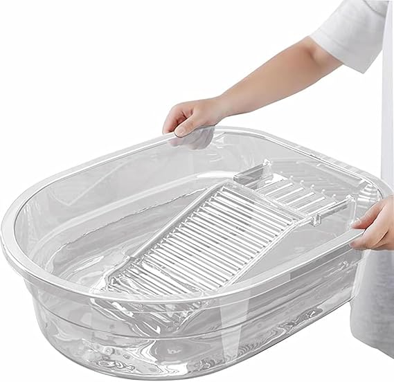 Washboard Basin for Hand Washing Clothes, 16" Wash Tub with Built-In Washboard, Soap Holder, Drain Outlet & Handles, Small Laundry Basin for Delicates, Baby Clothes, Apartment, Dorm, RV & Sink Use