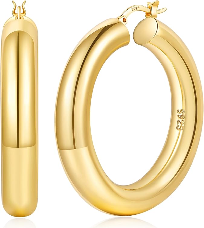 YOUNGYUE 8mm Chunky Hoops Hypoallergenic 925 Sterling Silver Post Gold Hoop Earrings Hollow Tube Lightweight 14K Gold Plated Thick Gold Hoops for women 30/40/50mm