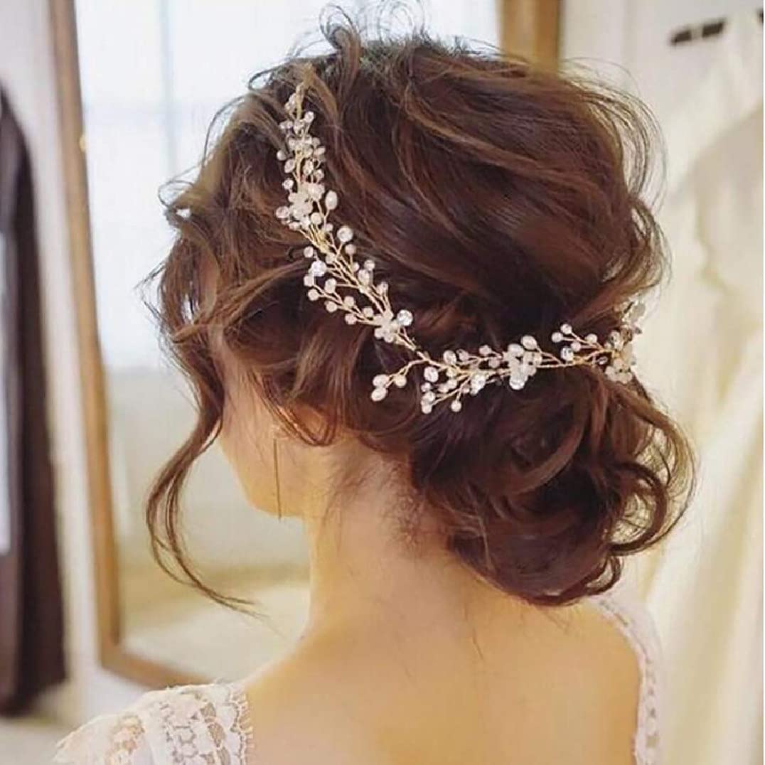 Chargances Wedding Crystal and Pearl Hair Vine Extra long Bridal Hair Vine Headpiece Hairpiece Bohemia Headband Gold Hair Vine Bridesmaid Boho Bridal Headpiece Hair Vine for Bride Jewelry gold