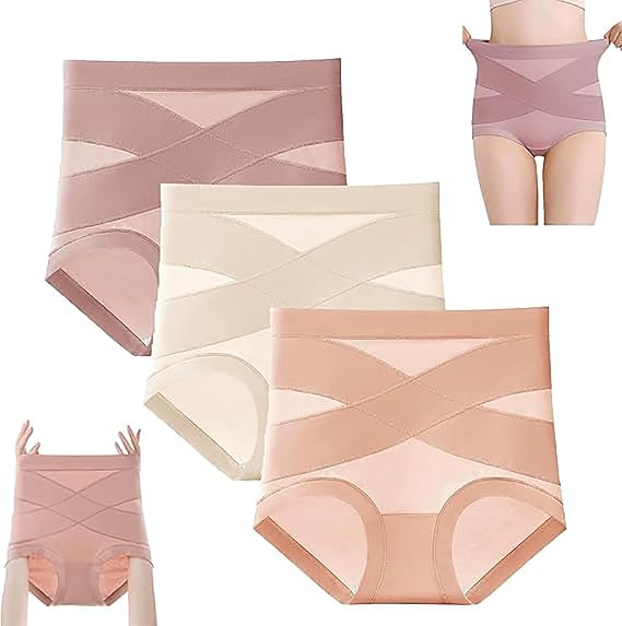 Cotton High Waisted Tummy Control Panties 3-Pack - Postpartum Cotton Shapewear for Women, Seamless Leakproof Underwear with X band Compression & Anti-Roll Waistband (M-2XL)