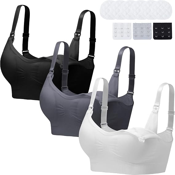 Nursing Bra 3 Pack Womens Maternity Breastfeeding Seamless Wireless Sleep Bra with Extenders Removable Pads