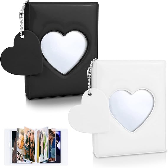 2pcs Kpop Photocard Binder, 3 Inch Mini Kpop Photo card Holder with Heart Keychain, Small Cute Photo Album 64 Pockets For Collecting Picture Lomo Cards Storage (Black+White)