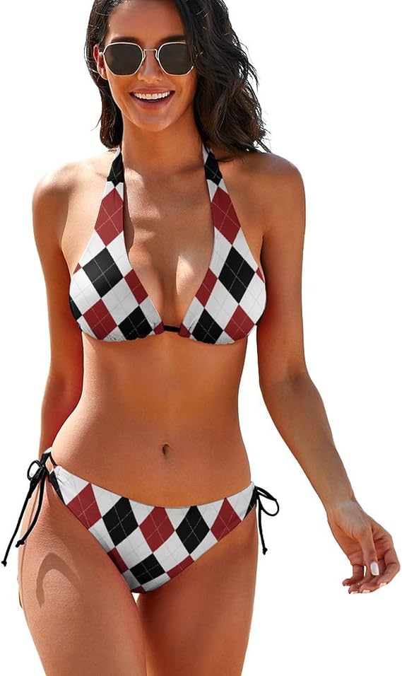 Rhomboid Bikini Sets Womans Tow Pic Sexy Halter Padded Bikini Suits Side Tie Triangle Beach Bathing Suit Tankini Splits