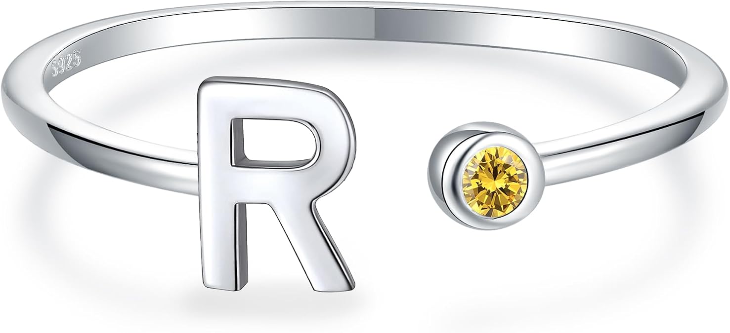 Initial Letter Birthstone Rings - 925 Sterling Silver 1-12 Month Ring