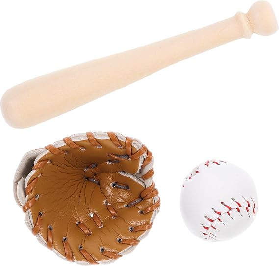 Toyvian Miniature Baseball Bat: Baseball Cake Topper, Light Brown Mini Dollhouse Glove and Ball Set Decorations - Wooden & Leather Cake Topper for Kids Mini House Party Favors(2.95X0.39X0.39in)
