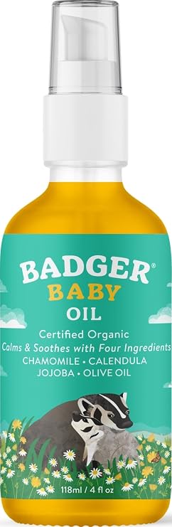 Badger USDA Certified Organic Baby Oil for Dry Skin, 4 fl oz | Soften & Moisturize Dry Skin or Cradle Cap, Soothing, Vegan, Gentle for Babies, Cradle Cap Oil, Vegan Baby Oil