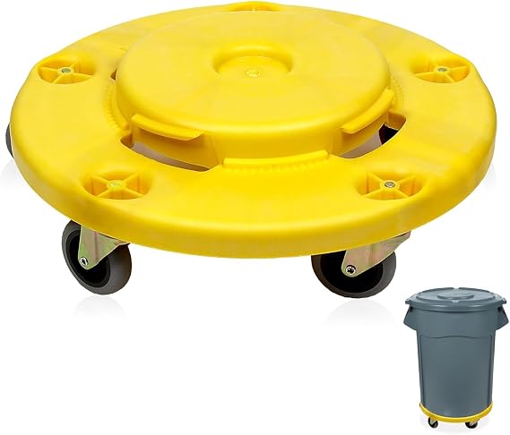 MaxWorks 51192 Round Trash Can High Visibility Yellow Dolly with 5 Swivel Casters 18 inch Dolly for 20 32 44 55 Gallon Containers Twist ON & Off Great for Shops Garages Car Detailing