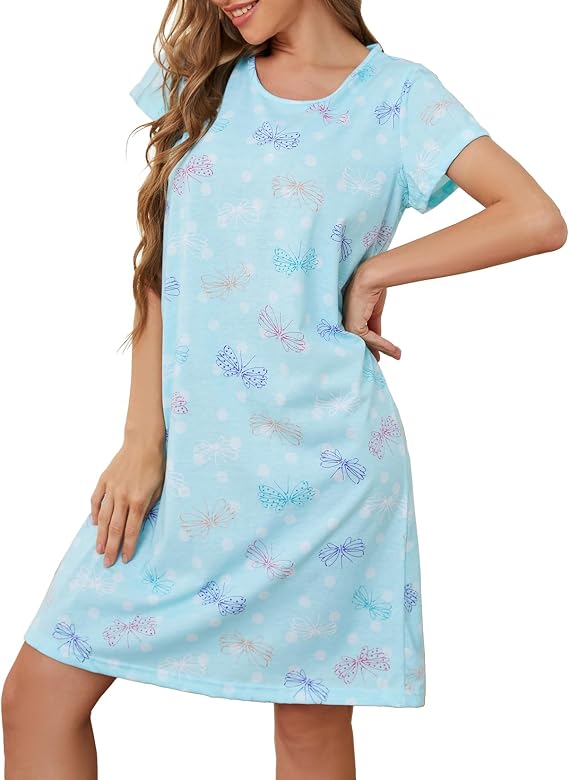 CHUNG Women Nightgowns Cotton Sleepwear Ladies Sleep Shirt Nighties Short Sleeve Cute Pattern Print Casual Sleepdress