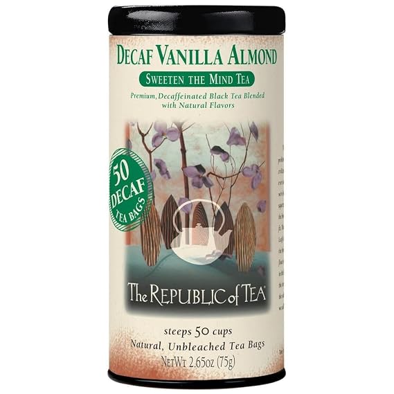 The Republic of Tea Decaf Vanilla Almond Black Tea, 50 Count | Suited to later-day sipping. Brisk -bodied with notes of soft sweetness. Gluten Free and Carb Free.