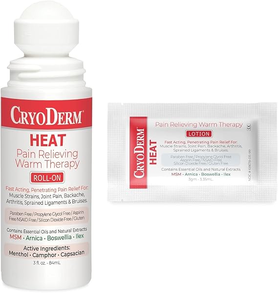 CryoDerm Combo Package Heat-Warm Therapy 3 oz Roll-On & 12 Packets
