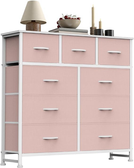 Sweetcrispy 9 Drawer Fabric Dresser Storage Tower Drawer Organizer, Pink