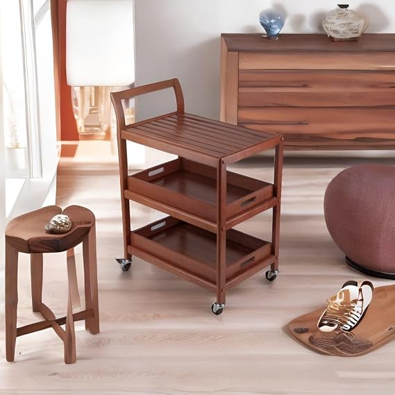 Ergode Albert Entertainment Cart, Elegant Walnut Finish, Rolling Bar Cart with Removable Serving Trays and Open Shelves, Mobile Storage Solution for Kitchen, Dining Room, or Living Area