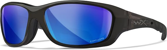 Wiley X WX Gravity Captivate Polarized Sunglasses, Safety Glasses for Men and Women, UV Eye Protection for Fishing Black Crystal Frames, Blue Mirror Tinted Lenses