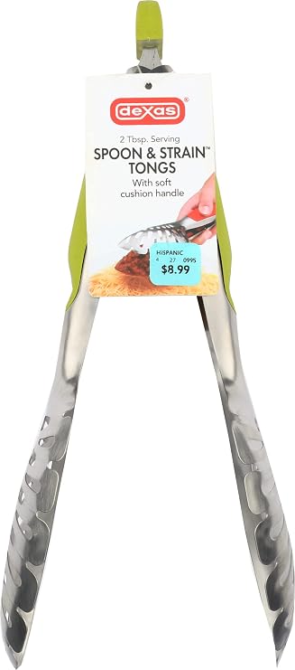 Dexas Spoon and Strain Stainless Steel Slotted Tongs, Green Handles
