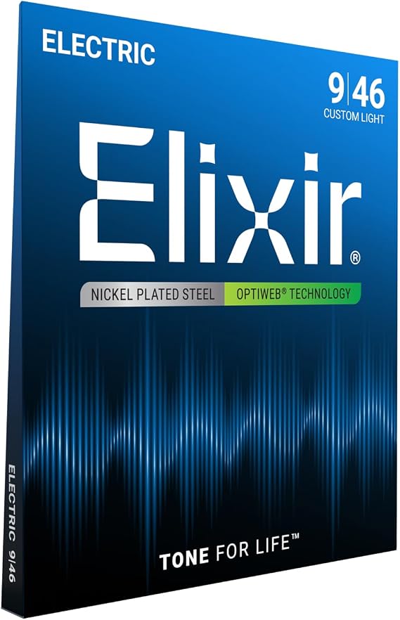 Elixir Strings, Electric Guitar Strings, Nickel Plated Steel with OPTIWEB Technology, Longest-Lasting Crisp Tone with Comfortable Feel, 6 String Set, Custom Light 9-46