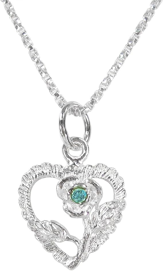 Sterling Silver Heart & Rose Necklace, March Aqua Blue