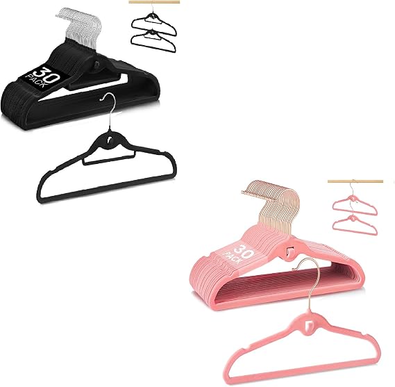 Velvet Hangers 30 Pack, Black & Baby Velvet Hangers 30 Pack, Pink