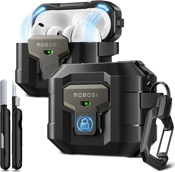 MOBOSI for AirPods Pro 3 Case 2025 with Drop-Proof Lock, Black | Cleaning Kit & Keychain, Compatible with MagSafe, Military-Grade Protection Hard Cover for iPods Pro 3rd Generation