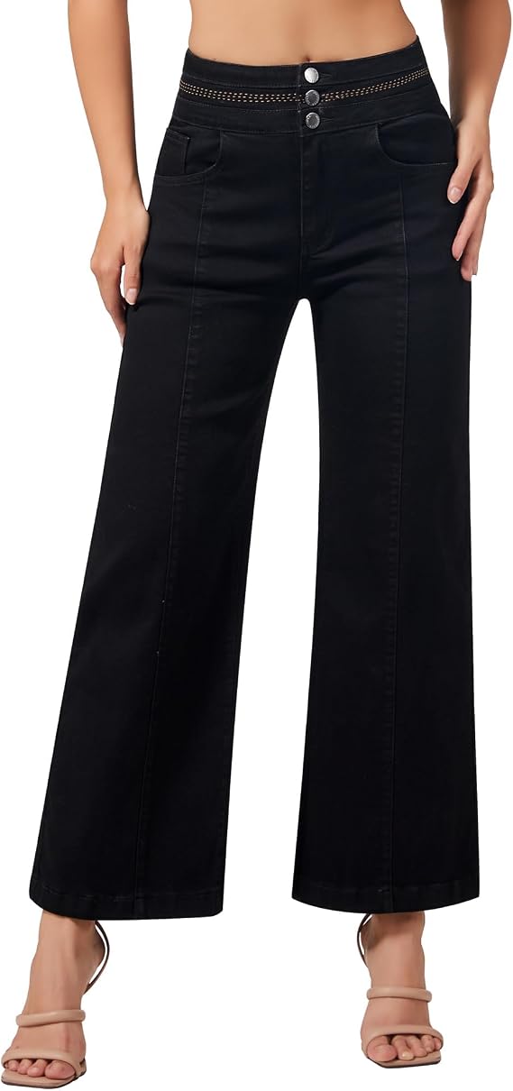 roswear Women's Wide Leg Jeans High Waisted Stretchy Cropped Denim Pants