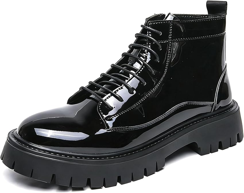 Black Short Boots For Men Platform Patent Leather Side-Zip Combat Ankle Boots Comfy Lace-Up Round Toe Non-Slip Army Uniform Short Boots