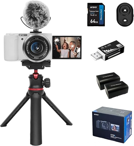 ORDRO 5K Digital Camera for Photography & YouTube Vlogging - 12X Optical Zoom, IPS Touch Flip Screen, WDR/Night Vision - Bundle Kit w/64GB Card, Mic, TelescopingTripod