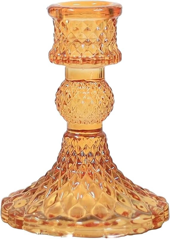 Glass Candlestick Holder, Taper Candle Holders, Amber Crystal Glass Candle Holder for all Formal Events, Candlelight Dinner, Wedding, Dining, Party, Home Decoration