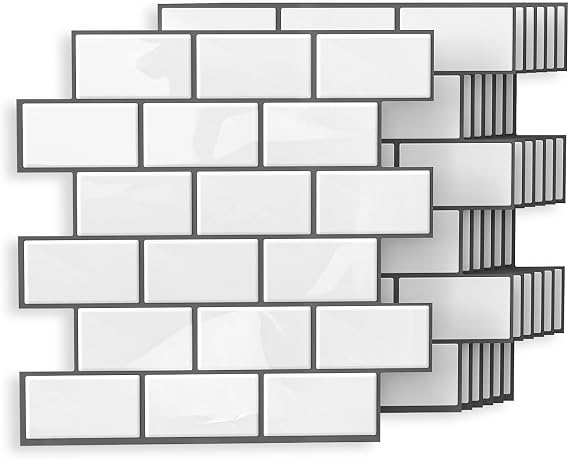 10-Sheet Peel and Stick Subway Tile, Peel and Stick Backsplash, Stick on Tiles Backsplash for Kitchen & Bathroom, Faux Ceramic Tiles for Kitchen, for Renters, RV & Home Decor, White with Black Grout
